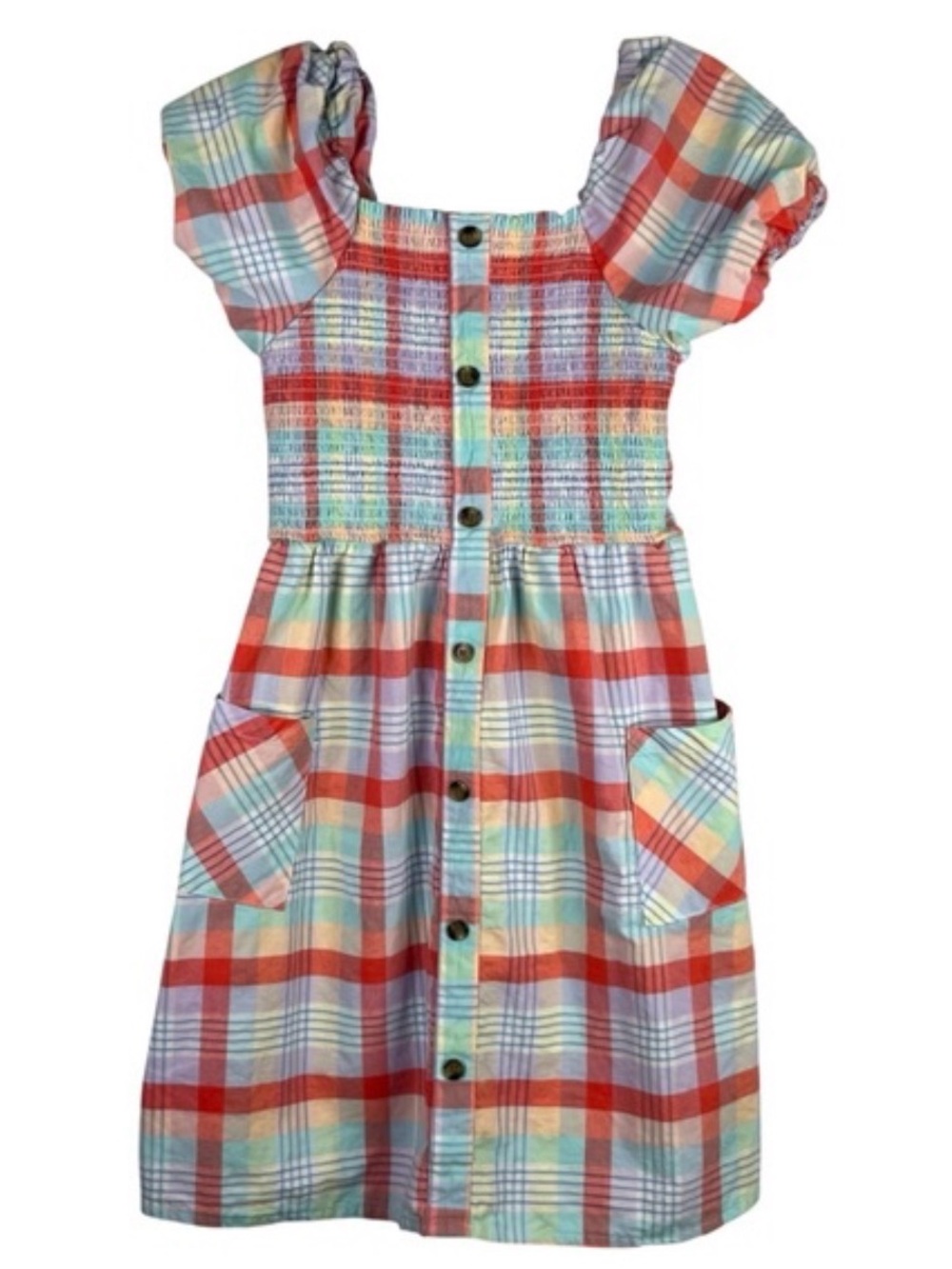 wonder nation Plaid Colorful Puff-Sleeve Button-Front Casual Dress Size 10-12